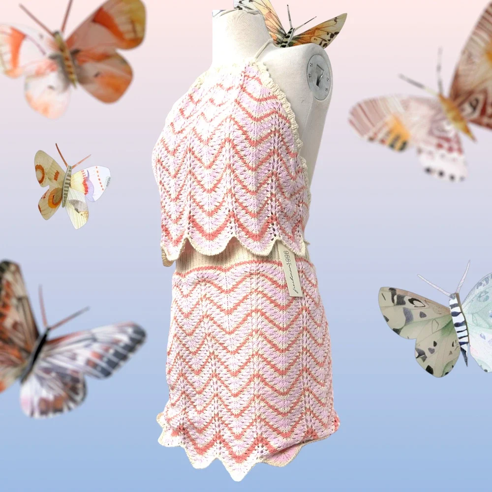 Women’s Crochet 2 Piece Set Skirt Cropped Top Backless Pink Orange Beige New WT - Picture 12 of 16